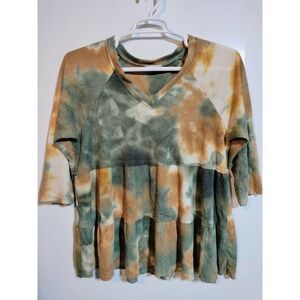 Thyme & Honey gold and green tie-dye 3/4 sleeve sweater size large